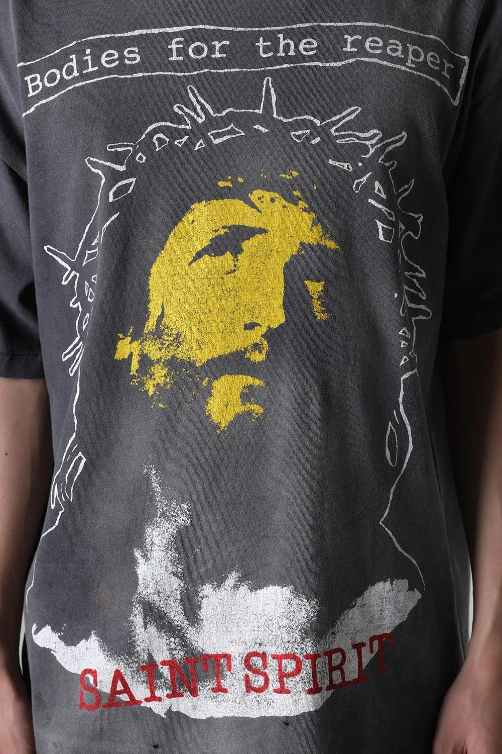 SAINT MICHAEL SS TEE/B FOR REAPER Jesus Hell's Angels Washed and Distressed Short Sleeves Washed Black S-XL Garment Dyed Printed Washed and Distressed